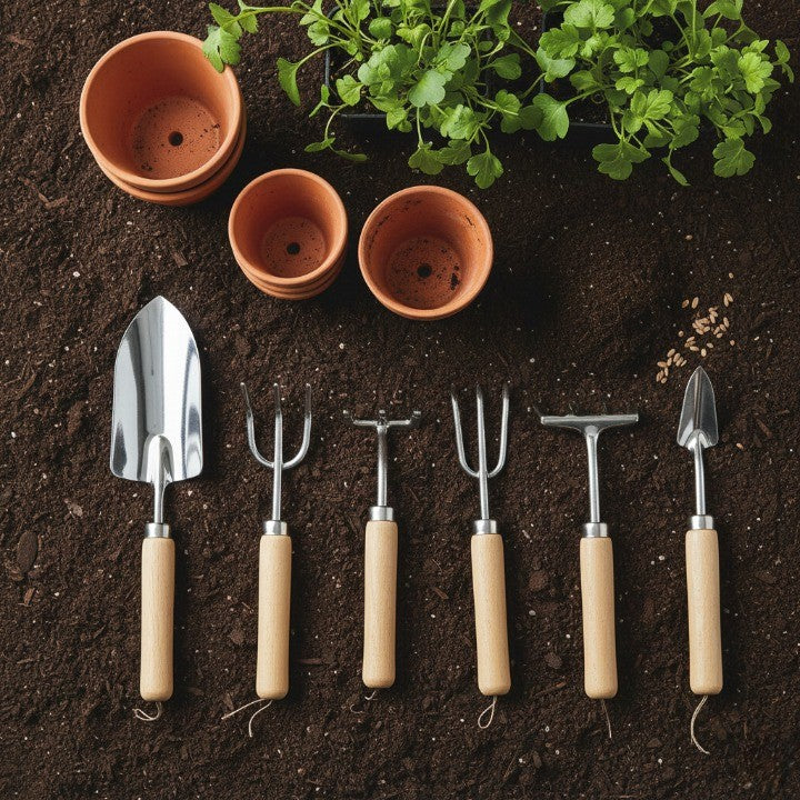 garden hand tools with wooden handles arranged on fresh potting soil alongside terracotta pots and seedlings, essential tools for planting and everyday gardening tasks