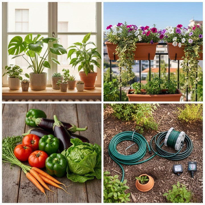 four gardening scenes showing indoor houseplants, balcony flower planters, fresh organic vegetables, and water-saving irrigation tools for different home gardening needs