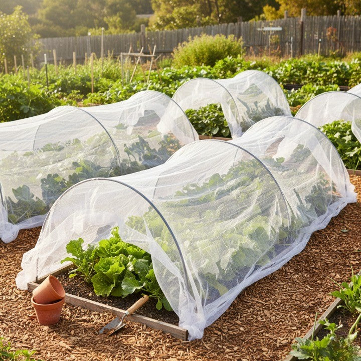 garden netting tunnel covers protecting leafy vegetable beds from pests and harsh weather in a raised garden, breathable mesh crop covers for healthier plant growth