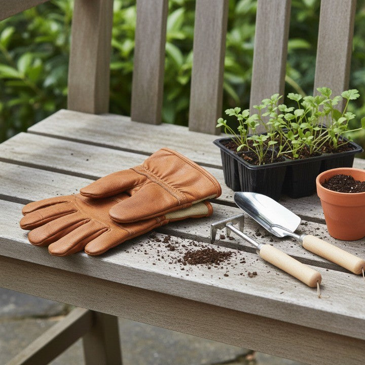 durable leather gardening gloves placed on a wooden bench beside hand tools, seedlings, and soil, essential protective gear for safe and comfortable gardening