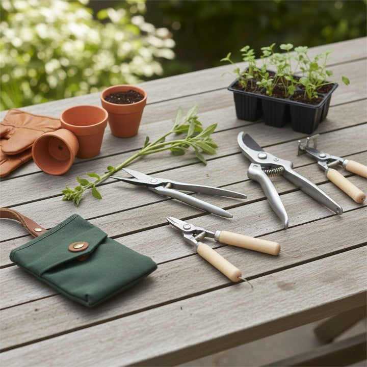 complete garden tool set with pruning shears, snips, and hand tools arranged on a wooden table alongside seedlings and terracotta pots, essential kit for everyday gardening