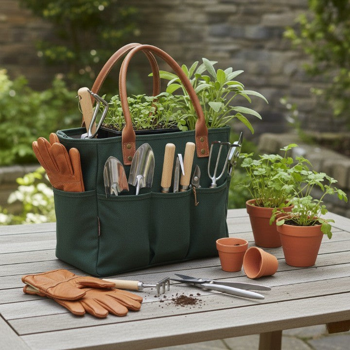 garden tool storage tote neatly filled with hand tools, gloves, and planting accessories on an outdoor table, showcasing organized and easy-access gardening gear