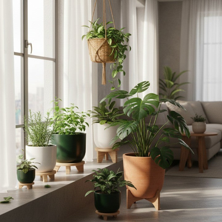 modern indoor planters with lush houseplants arranged by a bright window, showcasing stylish pots designed for healthy indoor plant growth