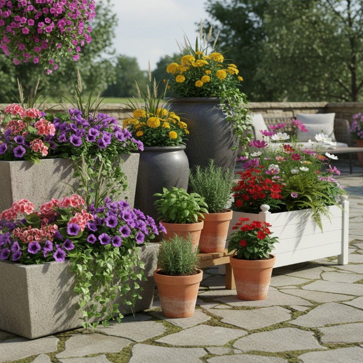 outdoor planters filled with colorful flowers and herbs arranged on a patio, showcasing durable pots perfect for vibrant backyard and balcony gardens