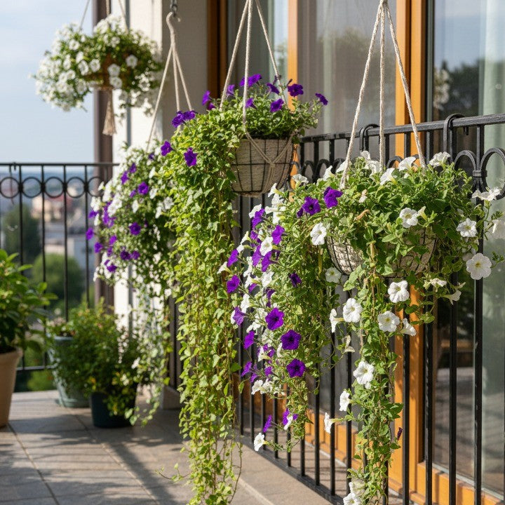 hanging planters filled with cascading flowers on a sunny balcony, showcasing vibrant blooms ideal for maximizing small outdoor garden spaces