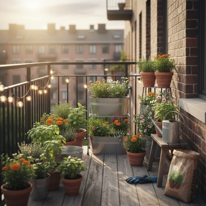 balcony garden with compact planters, herbs, and flowers arranged for small-space gardening, ideal setup for urban home gardeners