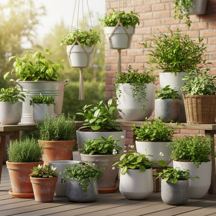 various indoor and outdoor garden planters and pots filled with green plants on a patio, ideal containers for home gardening and stylish plant displays