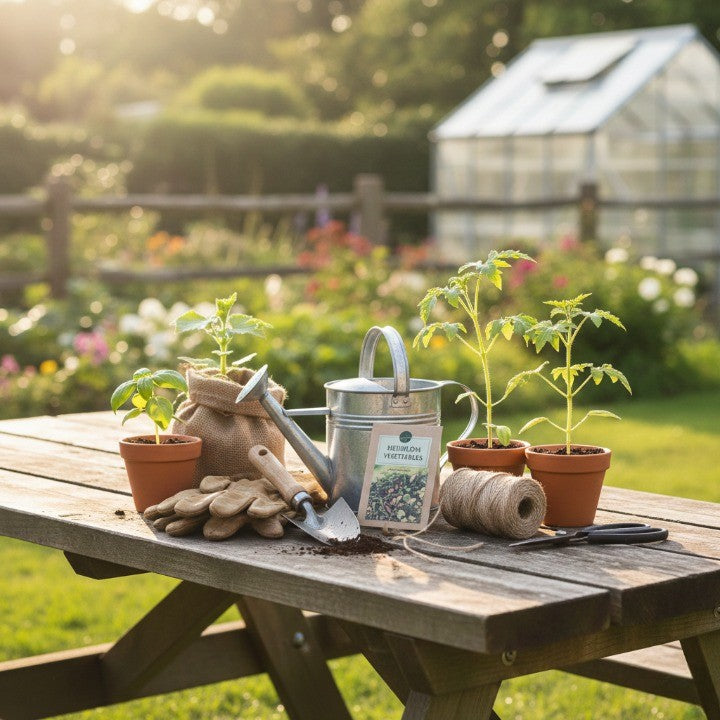 beginner gardening essentials displayed on a picnic table, including seedlings, a watering can, gloves, and tools for starting easy home gardening