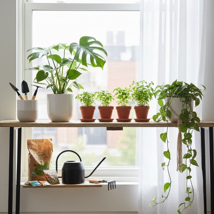 indoor plants and herb pots arranged by a bright window with small gardening tools and a watering can, ideal setup for easy indoor gardening at home