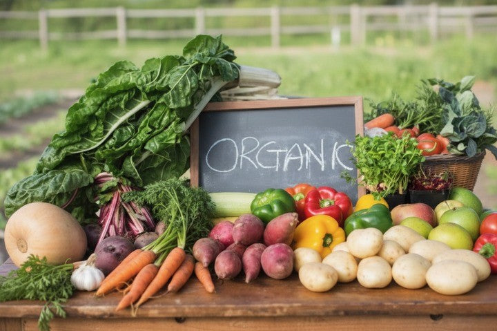 fresh organic vegetables harvested from a home garden, showcasing healthy produce grown through natural organic gardening methods