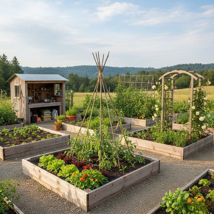 wooden raised garden beds with trellises and plant supports in a backyard garden, ideal garden structures for growing vegetables and organized home gardening