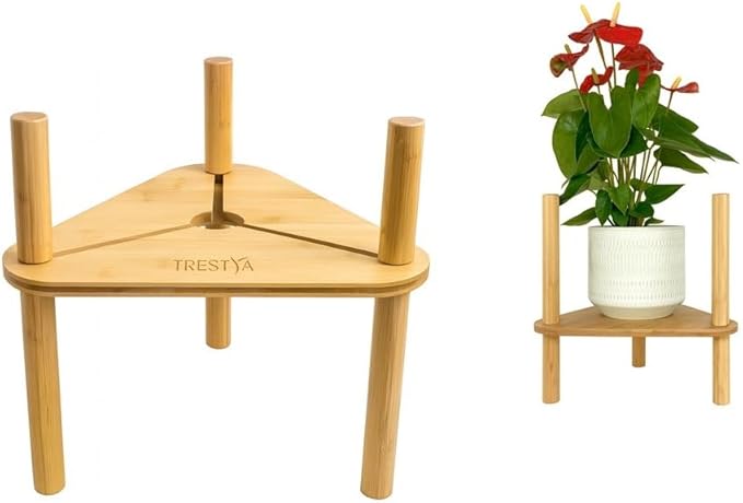 Adjustable Plant Stand for Indoor Pots – Bamboo Wood, Height & Width Adjustable (No Tools Needed), Fits Small & Large Pots Sizes 3 to 12 inches (Not Included), Mid-Century Modern Style