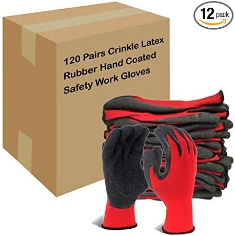 Evridwear Crinkle Latex Rubber Hand Coated Safety Work Gloves for Men Women General Multi Use Construction Warehouse Gardening Assembly Landscaping (S-Size) Red 120 Pairs Pack