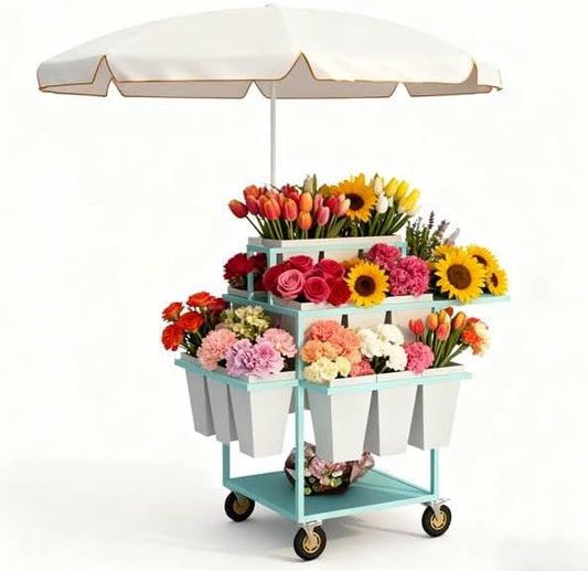 Metal Garden Cart Plant Stand with 18pcs Buckets and parasols, Slide Out Rolling Flower Display Rack, for Florist, Patio Garden, Weddings Party, Business Market (green)