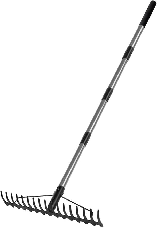 Heavy Duty Bow Rake Garden Rake with Stainless Steel Handle with 16 Steel Tines Garden Tool for Loosening Soil Gathering Leaf Leveling Lawn Farming Land Management Yarn Thatch Rakes