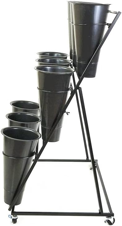 Flower Display Stand with 12pcs Plastic Buckets Iron Plant Stand with 4 Universal Wheel, 3-layers Metal Moving Florist Bouquet Shelf for Fresh Flower Shop (BLACK)
