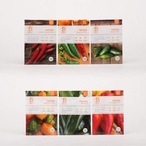 Bentley Seeds Co. HOT Peppers Seed Packet Kit With 6 Row Markers - Green & Red Chili Pepper Seeds for Vegetables Garden - Variety of Pepper Seeds for Planting - Non-GMO, Heirloom Seed Packets (6 Pack)