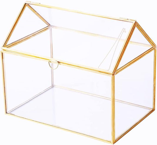 House Shape Close Glass Geometric Terrarium Tabletop Succulent Plant House Garden Planter Moss Fern Swing Lid, Flower Pot for Plants Succulent, Air Plant (Gold)