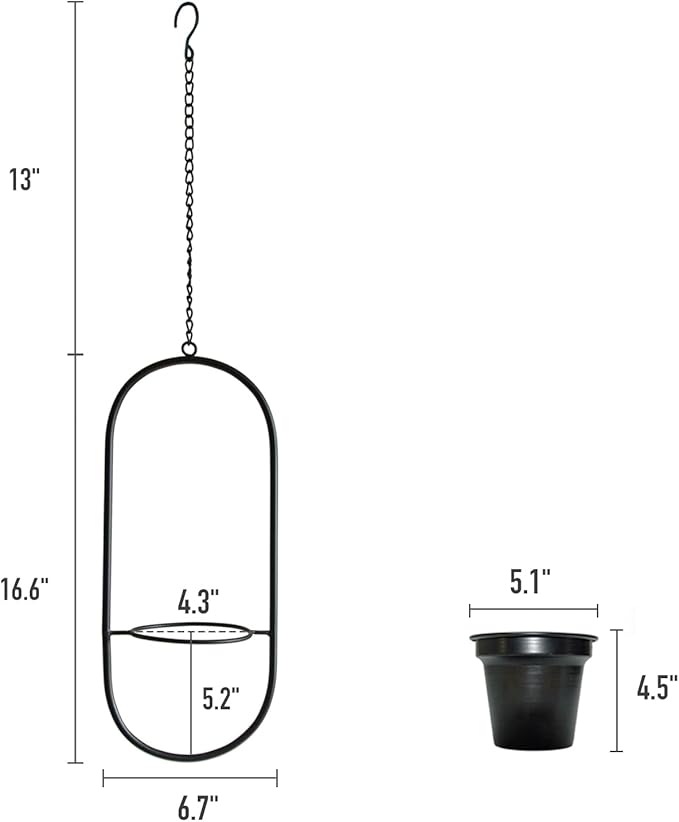 Modern Hanging Planters for Indoor Plants, Metal Plant Hanger with 5 inch Flower Pots,Set of 2 Black Oval Shape Plant Holders, Wall and Ceiling Hanging Pots for Outdoor Plants, Home Décor