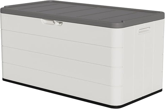 TARKARI Premium Pro Edition 100 Gallon Lockable Resin Deck Box, Waterproof & UV-Resistant Outdoor Storage Box for Outdoor Cushion Storage, Garden Tools & Pool Accessories Storage, White