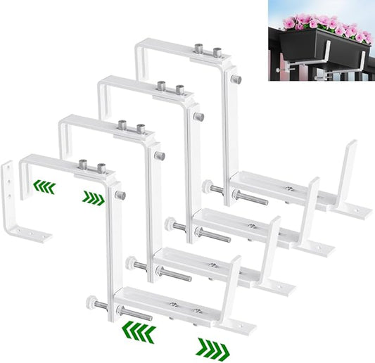 HFHOME Set of 4 Adjustable Window Planter Box Brackets, White Brackets for Window Boxes Planters, Planter Shelving with Adjustable Size The Width of The Bottom of The Planter Box