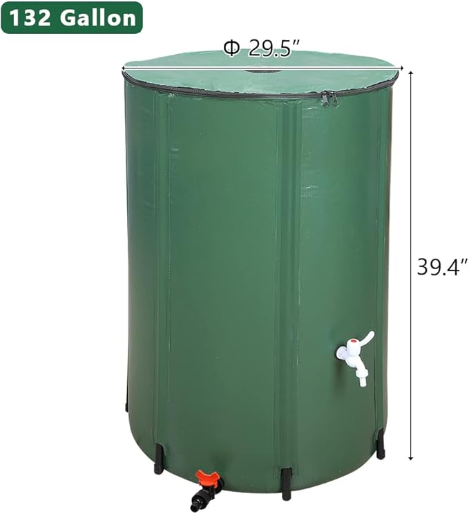 132 Gallon Collapsible Rain Barrel, Water Storage Tank, Portable Rainwater Collection System, Rain Catcher Barrel with Two Spigots and Overflow Kit, Rain Water Barrel Collector for Garden, Green