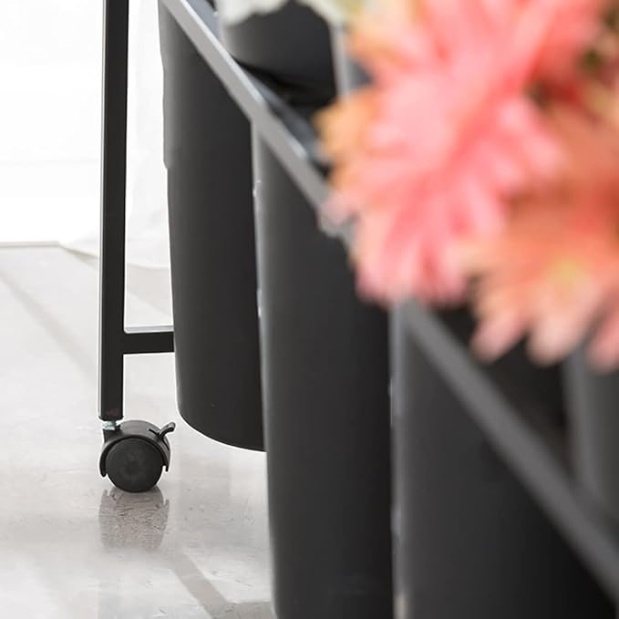 Flower Display Stand with 12pcs Plastic Buckets Iron Plant Stand with 4 Universal Wheel, 3-layers Metal Moving Florist Bouquet Shelf for Fresh Flower Shop (BLACK)