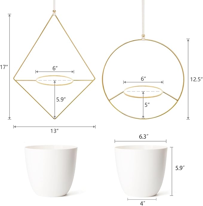 Mkono Metal Hanging Planters for Indoor Plants with Plastic Pots, Set of 2 Modern Mid Century Flower Pot Plant Holder in Diamond and Circle Shape, Fits 6 Inch, Gold