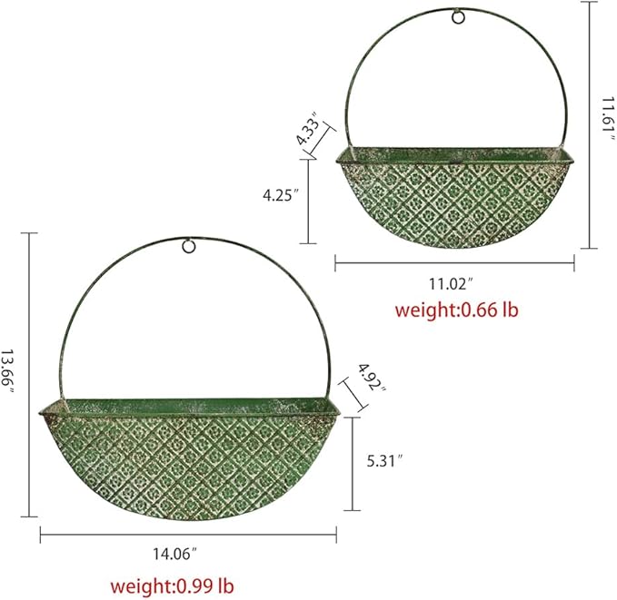 2-Piece Green Metal Planter Wall Hanging Baskets Decor Half-Moon Wall Mount Planter Set for Shabby Chic Farmhouse Outdoor Indoor Wall Decor