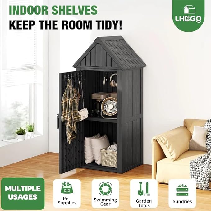 Outdoor Storage Shed with Door & Shelf, Large Capacity Weatherproof Garden Tool Cabinet with Multiple Hooks for Backyard, Patio, Lawn（Black