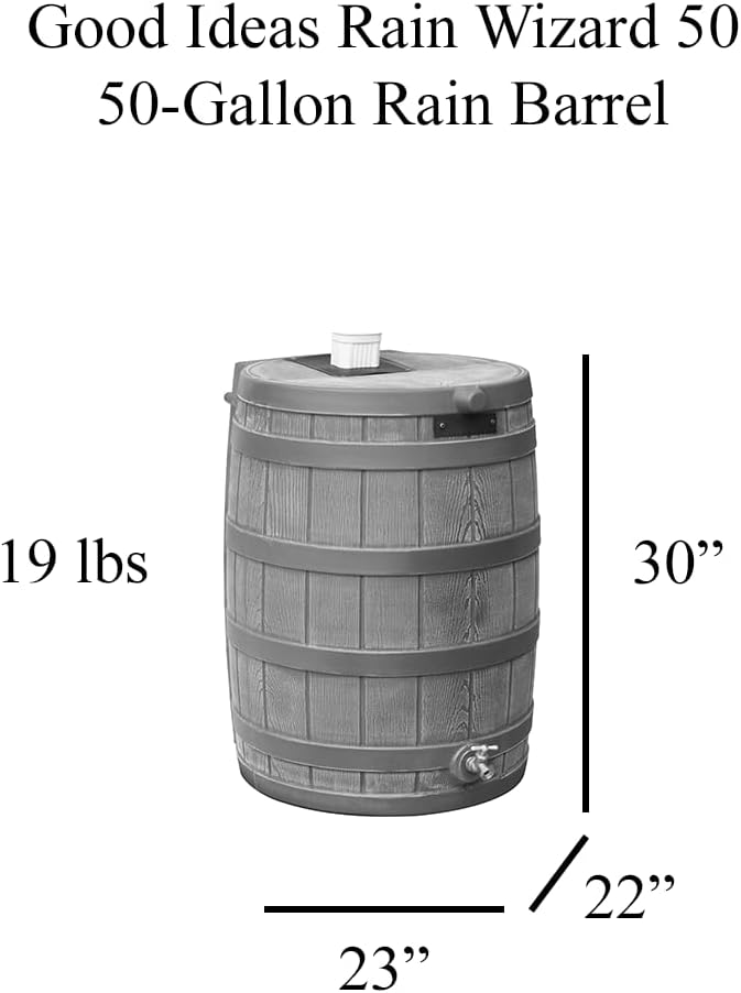 Good Ideas Rain Wizard Water Collection Plastic Barrel, Oak, 50 Gallon - Linkable Flat-Back Faux Wood Rainwater Catcher Storage Drum w/ Robust Metal Spigot & Fine Mesh Screen