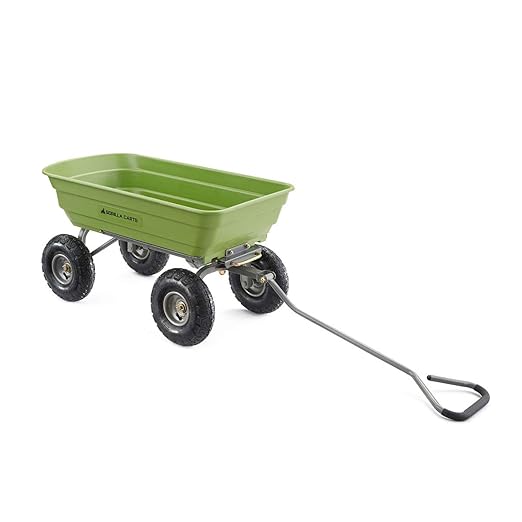 Gorilla Carts Poly Garden Dump Cart, 4 Cu Ft Tub, 600 lb Haul Capacity, Green – Heavy-Duty Utility Wagon with Quick-Release Dumping & Pneumatic Tires for Yard, Landscaping and Gardening