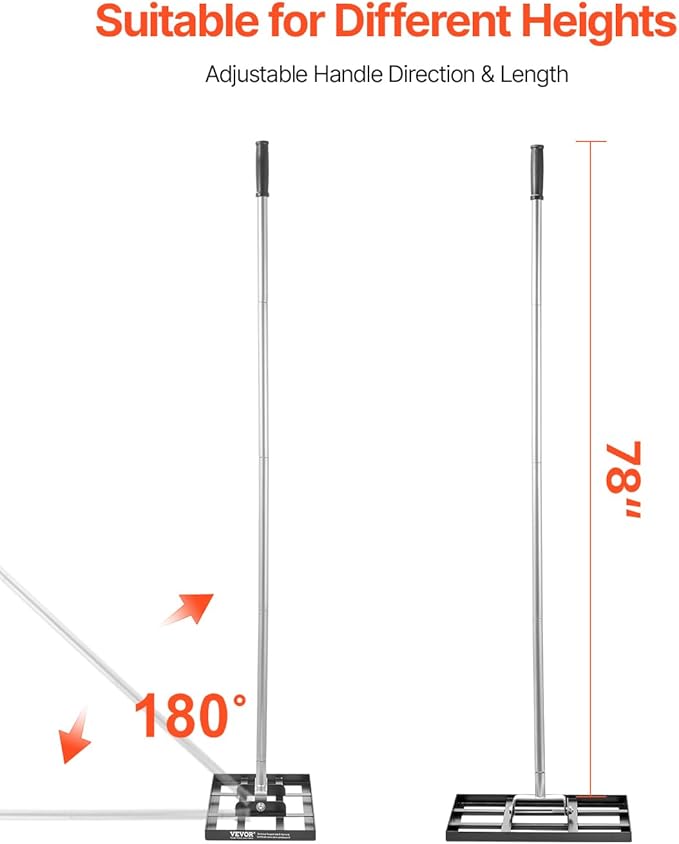 VEVOR Lawn Leveling Rake, Lawn Leveler with 78 in Handle, 17x10 in Ground Plate, Rust-Resistant Carbon Steel Soil Leveler, 5 Heights Adjustable, Effort Saving Lawn Leveling Tool for Yard Golf Court