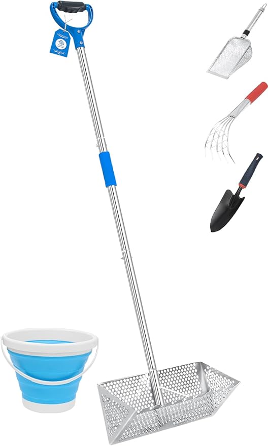 Beach Sand Sifter, 304 Stainless Steel, Detachable 60 Inches Long Handle, 16'' Basket with Sharp Teeth. Includes D-Handle Grip, Small Shovels, Sifter and Bucket