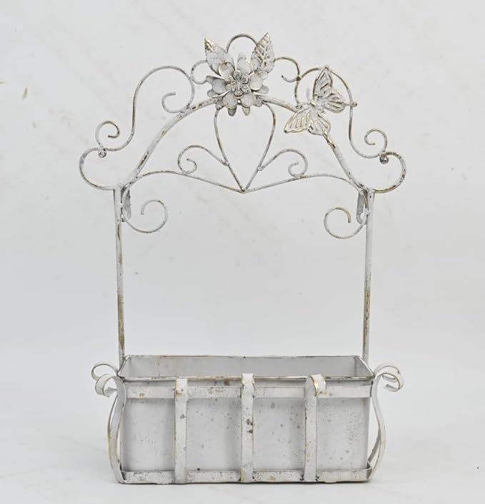 Rustic Metal Wall Planter Vintage Wall Mounted Flower Pot Farmhouse Distressed Wall Hanging Plant Basket with Floral & Butterfly Decor for Indoor Outdoor Garden Home Yard (White#2)