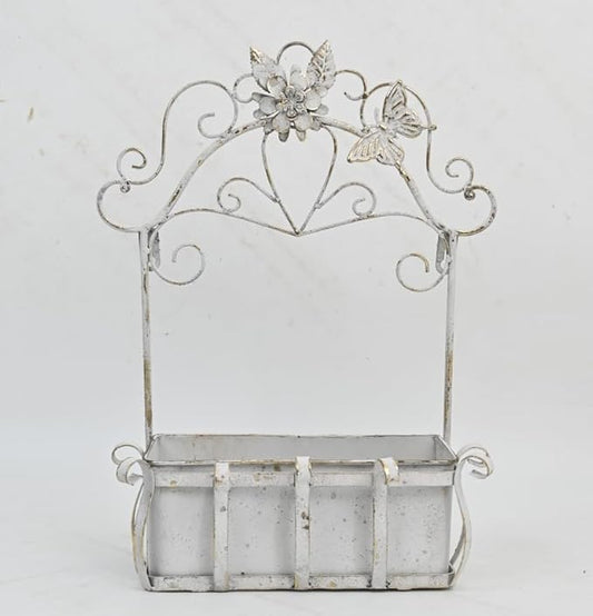 Rustic Metal Wall Planter Vintage Wall Mounted Flower Pot Farmhouse Distressed Wall Hanging Plant Basket with Floral & Butterfly Decor for Indoor Outdoor Garden Home Yard (White#2)