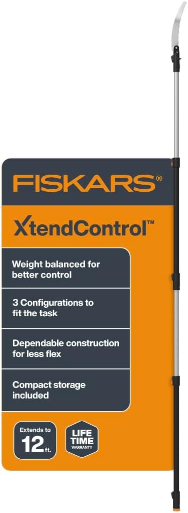 Fiskars XtendControl 12' Extendable Tree Pruner, Adjustable Pole Saw Branch Trimmer with 15" X1 Saw, 3-6' Extension Poles, and Secure Locking System for Precision Cutting