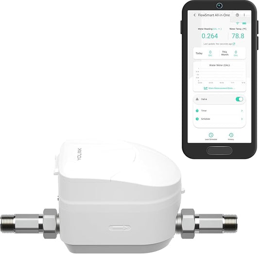 NSF Certified YoLink FlowSmart All-in-One Smart Water Meter & Auto Shutoff for 1/2" Pipes, LoRa Long-Range, Real-Time Leak Detection, 10-Year Battery, 80+ Device Ecosystem, Hub Required