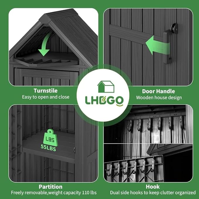 Outdoor Storage Shed with Door & Shelf, Large Capacity Weatherproof Garden Tool Cabinet with Multiple Hooks for Backyard, Patio, Lawn（Black