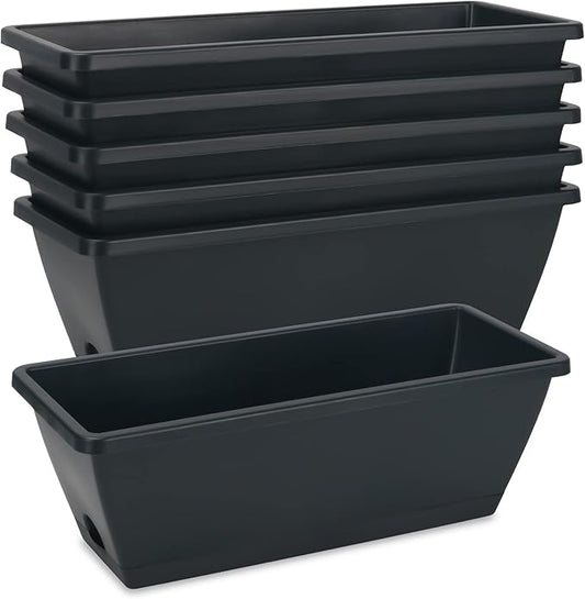 HOXHA Window Box Planter, 6 Pack 17inch Plastic Vegetable Flower Planter Boxes with Tray, Indoor Outdoor Flower Pots for Windowsill, Patio, Porch, Garden Balcony, Dark Gray
