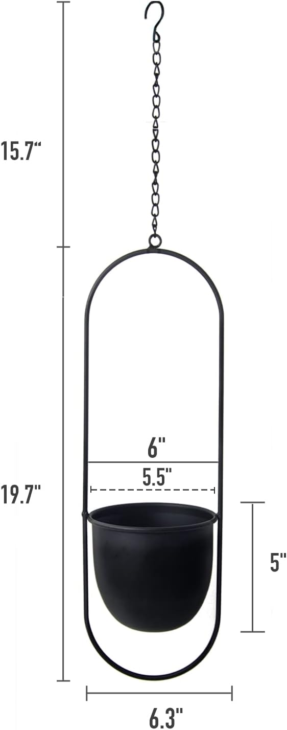 Metal Oval Hanging Planter, Set of 2 Black Geometric Plant Hangers with 6 inch Flower Pots in Oval Shape, Modern Wall and Ceiling Plant Holders for Indoor Outdoor Plants Home Décor