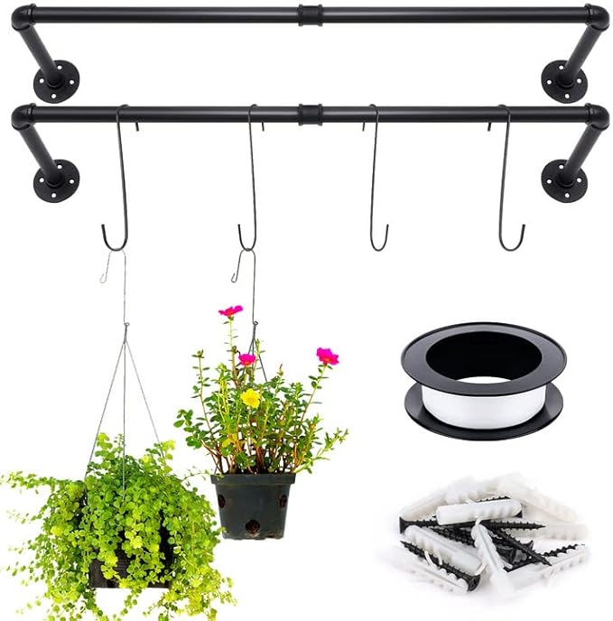 Yoiemivy Hanging Planter Bars with 4 Hooks Hanging Planters for Indoor Plant Wall Mount Planter Hanger Rod Black Window Plant Hanger Shelf Holder for Window Wall Ceiling Herb Garden (Black)
