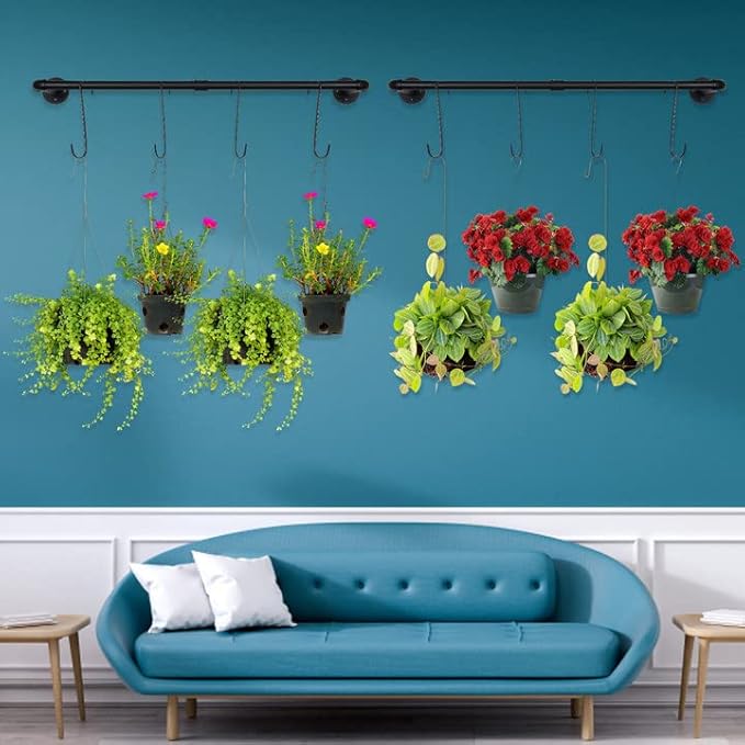 Yoiemivy Hanging Planter Bars with 4 Hooks Hanging Planters for Indoor Plant Wall Mount Planter Hanger Rod Black Window Plant Hanger Shelf Holder for Window Wall Ceiling Herb Garden (Black)