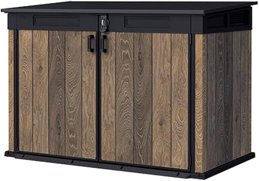 Keter Signature Collection All-Weather Storage Shed with Skylight, Window, Built-in Ventilation, Customizable Walls, & Lockable Double Doors, Walnut
