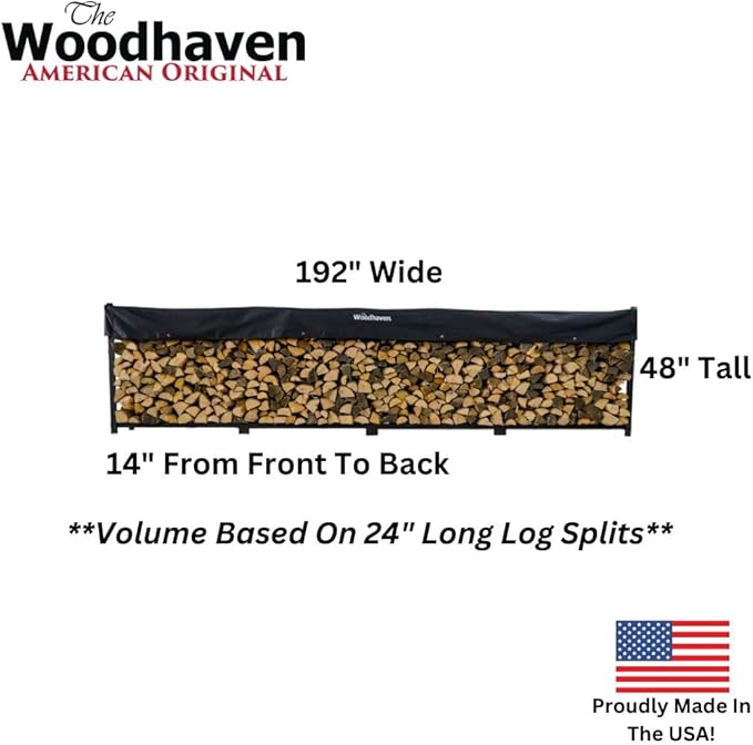 Woodhaven 16 Foot Black Large Outdoor Firewood Rack With Seasoning Cover - 1 Cord Fire Log Holder - Powder Coated Steel Firewood Holder - Made In USA (Cover)