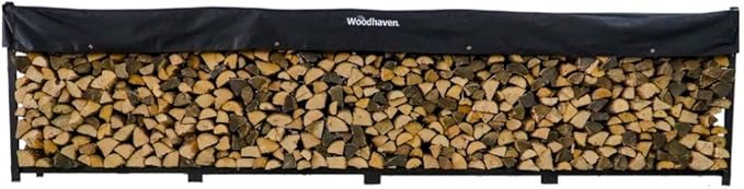 Woodhaven 16 Foot Black Large Outdoor Firewood Rack With Seasoning Cover - 1 Cord Fire Log Holder - Powder Coated Steel Firewood Holder - Made In USA (Cover)
