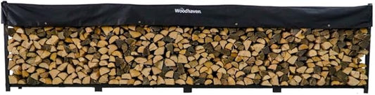 Woodhaven 16 Foot Black Large Outdoor Firewood Rack With Seasoning Cover - 1 Cord Fire Log Holder - Powder Coated Steel Firewood Holder - Made In USA (Cover)