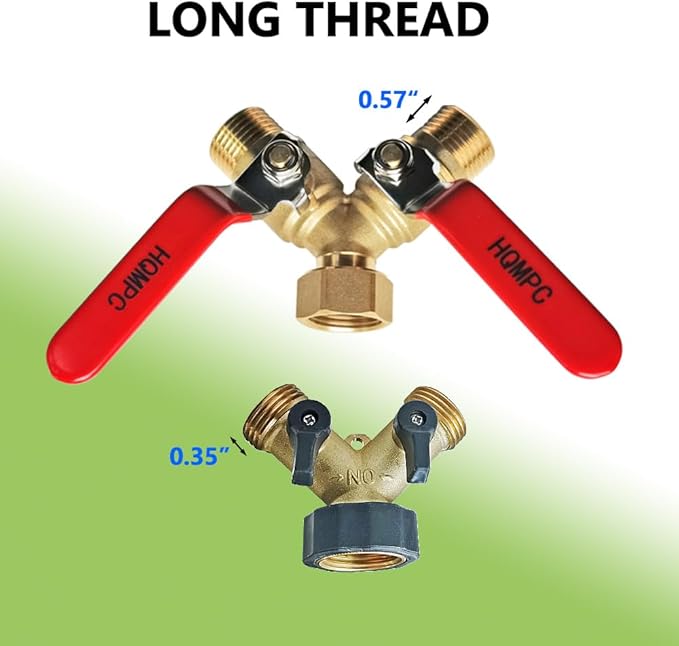 HQMPC Garden Hose Y Valve Splitter With Stainless Steel Long Handle - Brass 2 Way Water Adapter, 3/4" GHT Thread