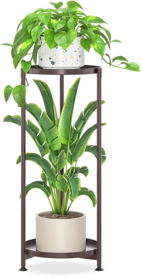 iDavosic.ly 2 Tier Corner Plant Stand Indoor, Tall Vertical Metal Flower Heavy Duty Pot Holder Shelf Outdoor for Patio Porch Living Room, Bronze - Round