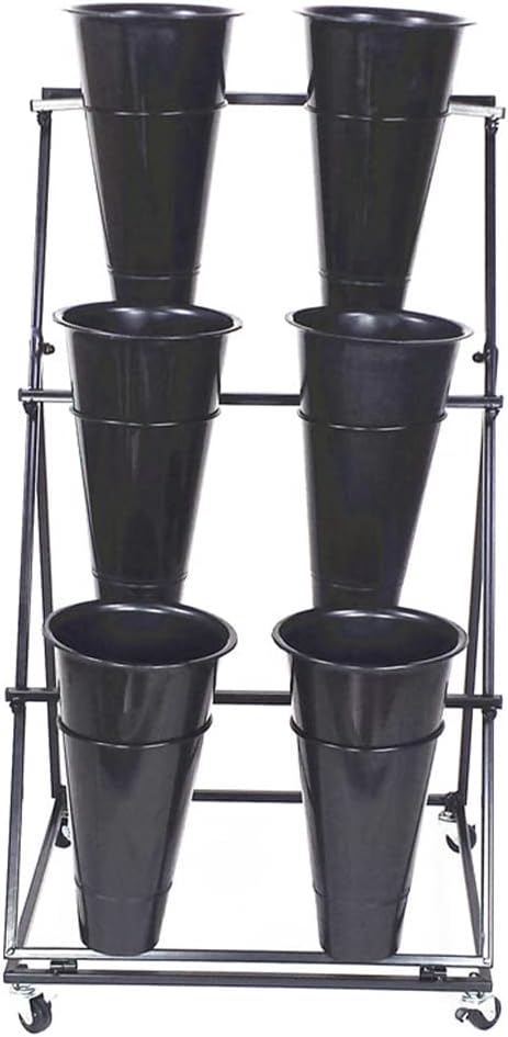 Decorative Flower Display Stand with Buckets for Cut Flowers, Heavy Duty Rolling Plant Stand on Wheels, Indoor Outdoor Flower Cart Ladder Shelf for Florist, Garden, Patio (3 Tier 6 Black Bucket)